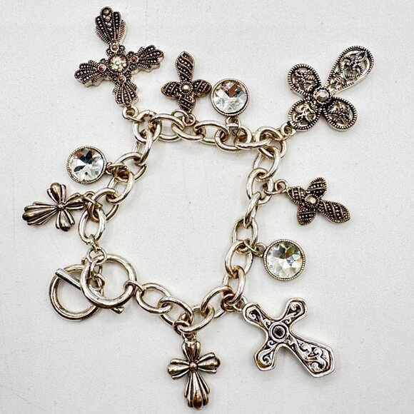 Bracelet With Rhinestones and Cross Charms Silver Tone - Picture 1 of 8